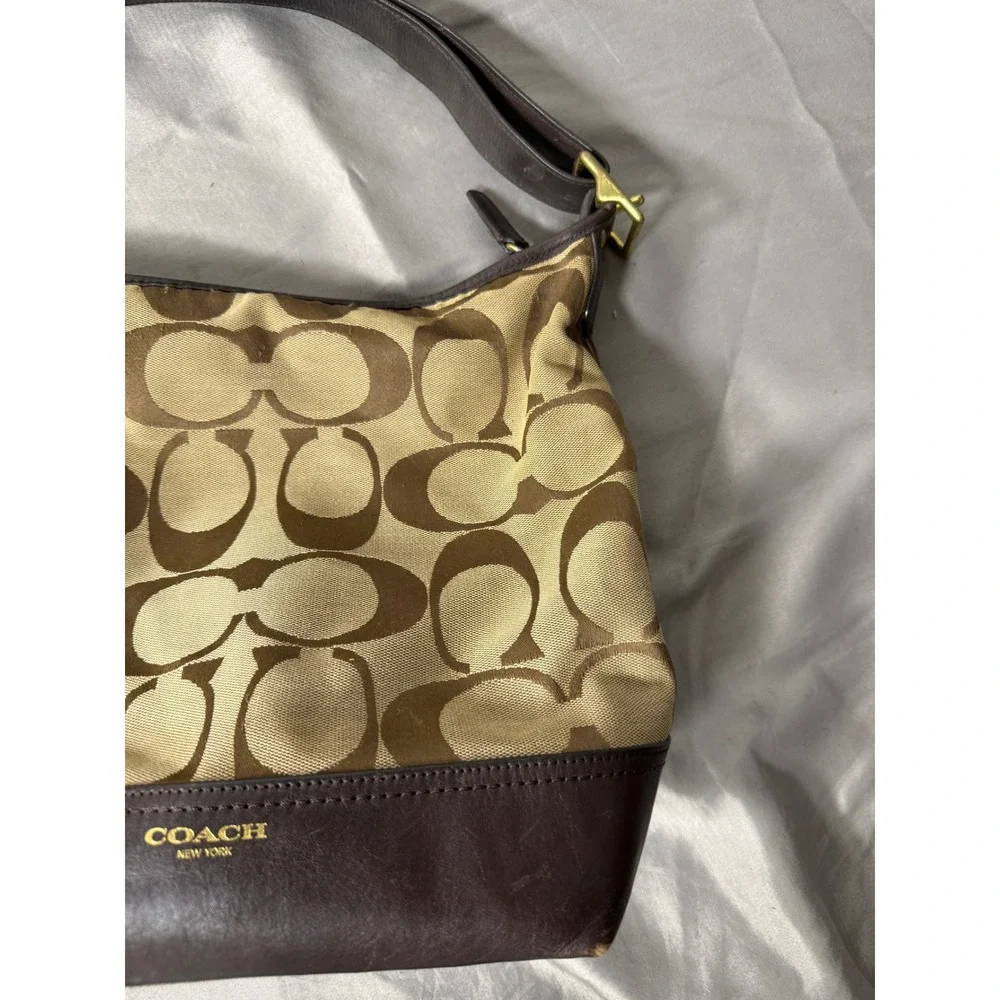 Coach Signature Jacquard Canvas Hobo Bag Brown Leather Trim Tassel Hobo Bag
